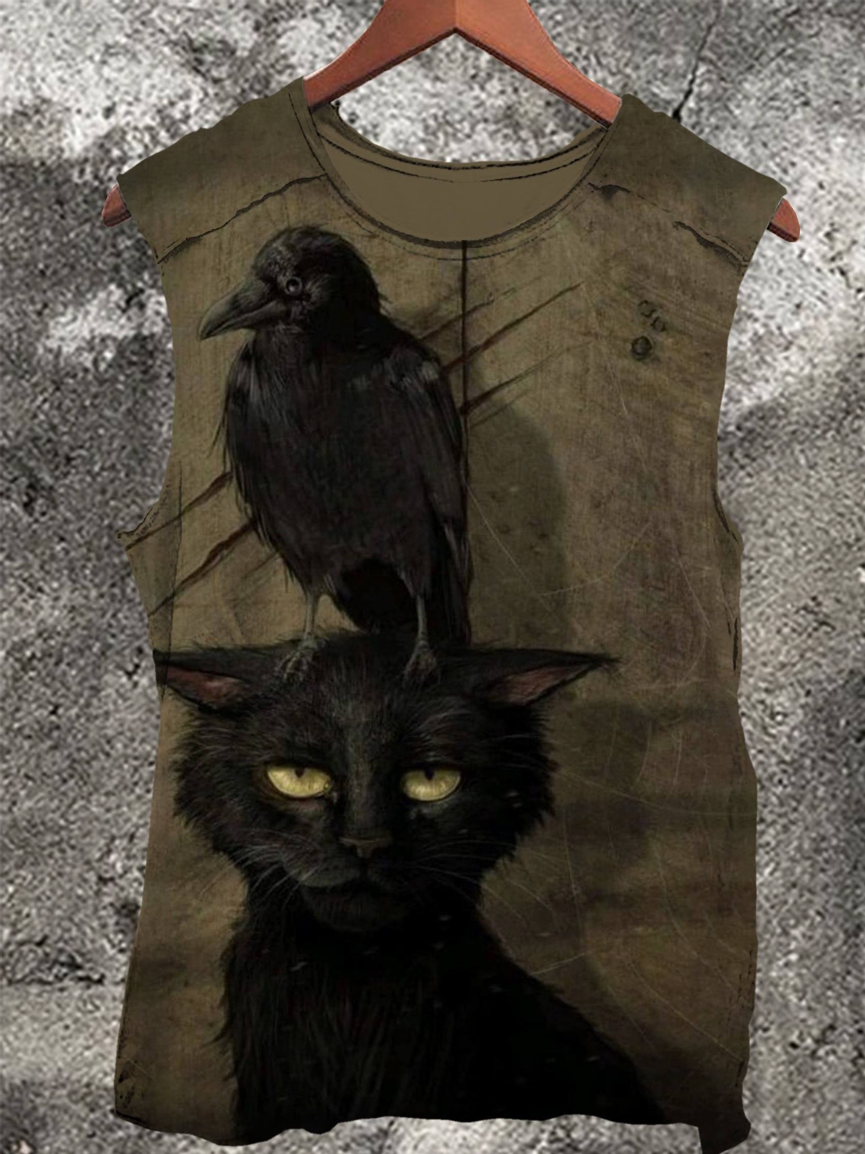 Black Cat and Crow Vintage Print 100% Cotton Casual Tank Top