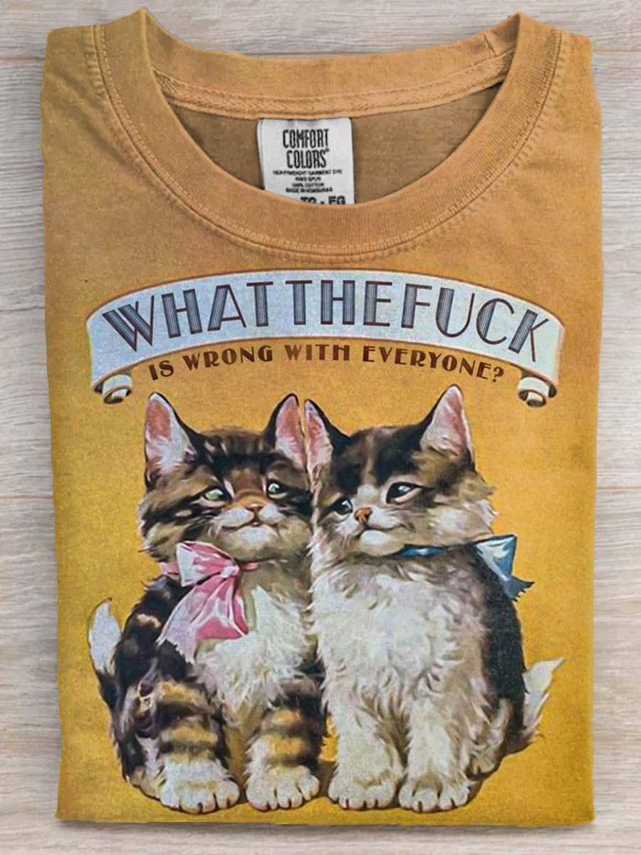 Vintage Funny Cat Art Print Casual Short Sleeve T-shirt