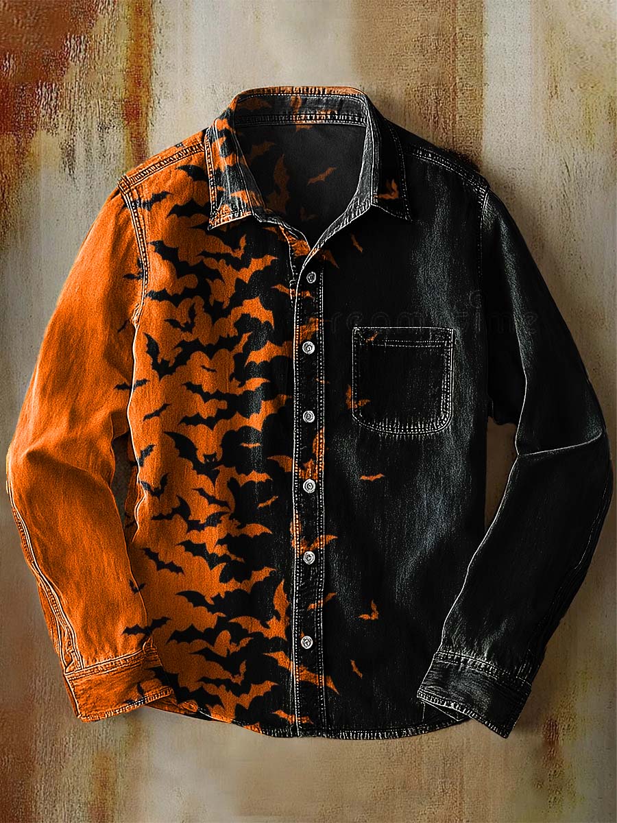 Orange Bat Halloween Art Print 100% Cotton Casual Long Sleeved Denim Shirt