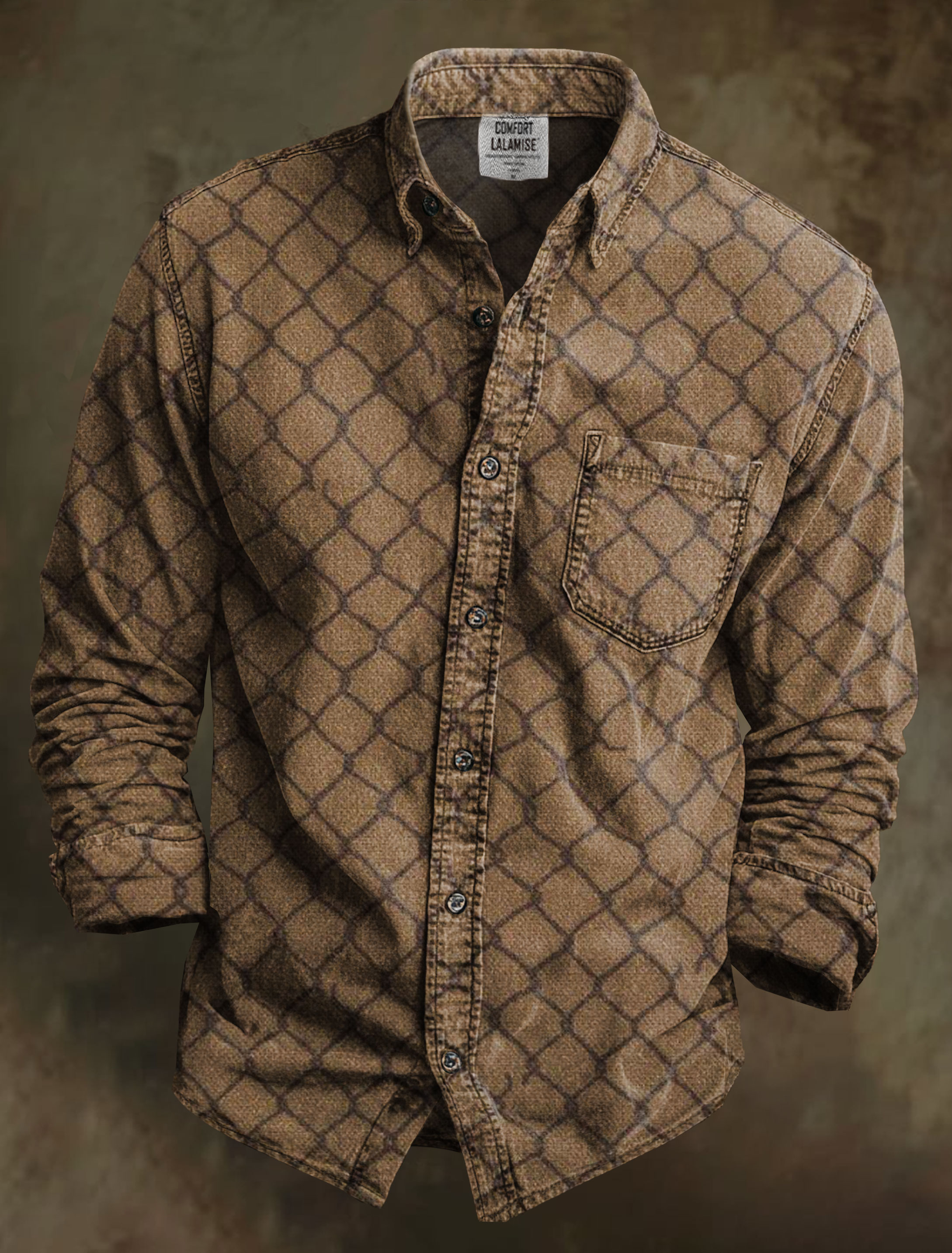 Loose Wire Mesh Diamond Grid Art Print 100% Cotton Long Sleeve Shirt