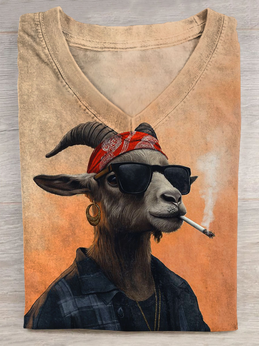 Cool Smoking Goat Art Print V-neck Casual T-Shirt