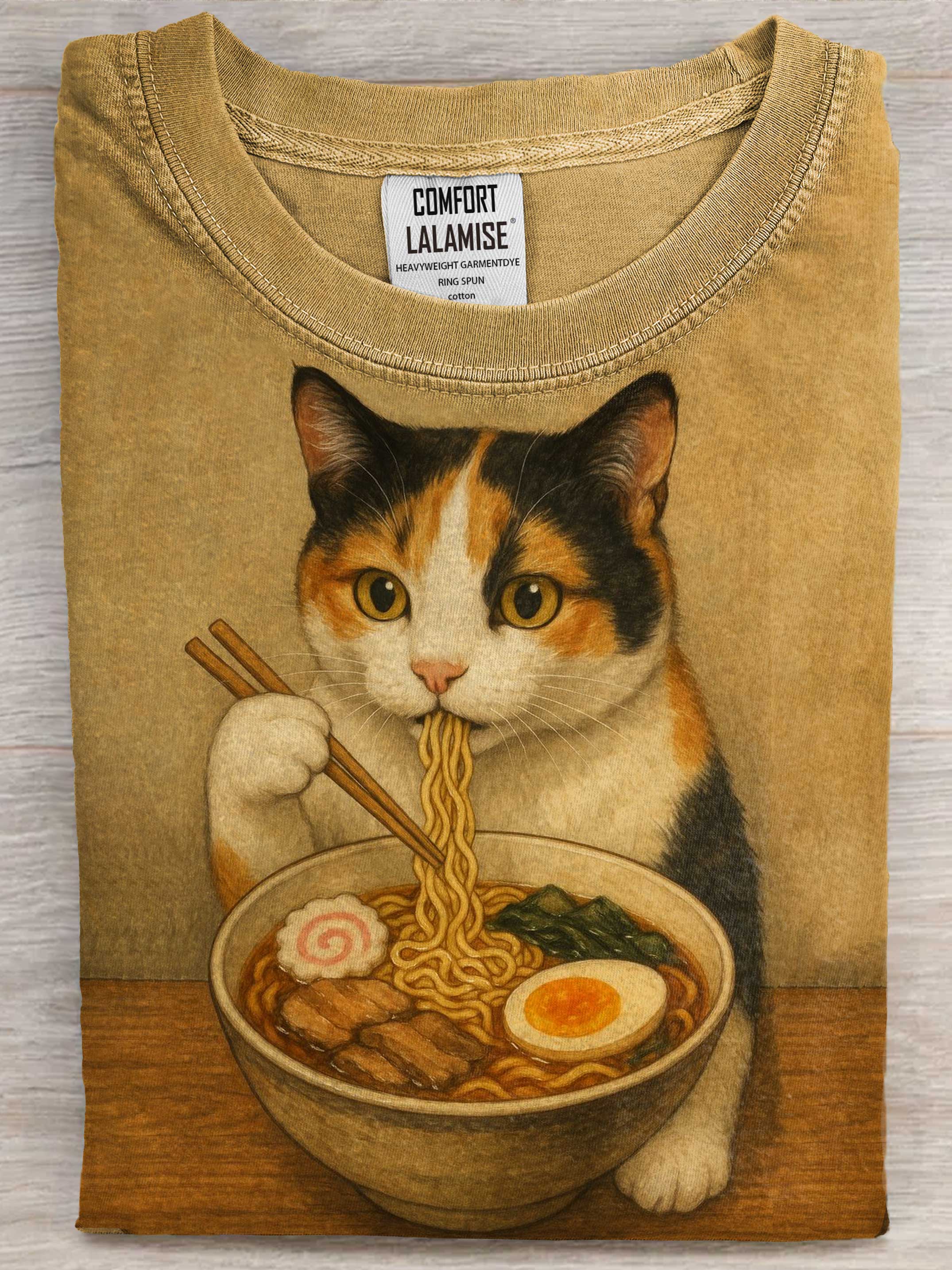 Cat Eats Rame Art Print Cotton Casaul Short Sleeve T-shirt