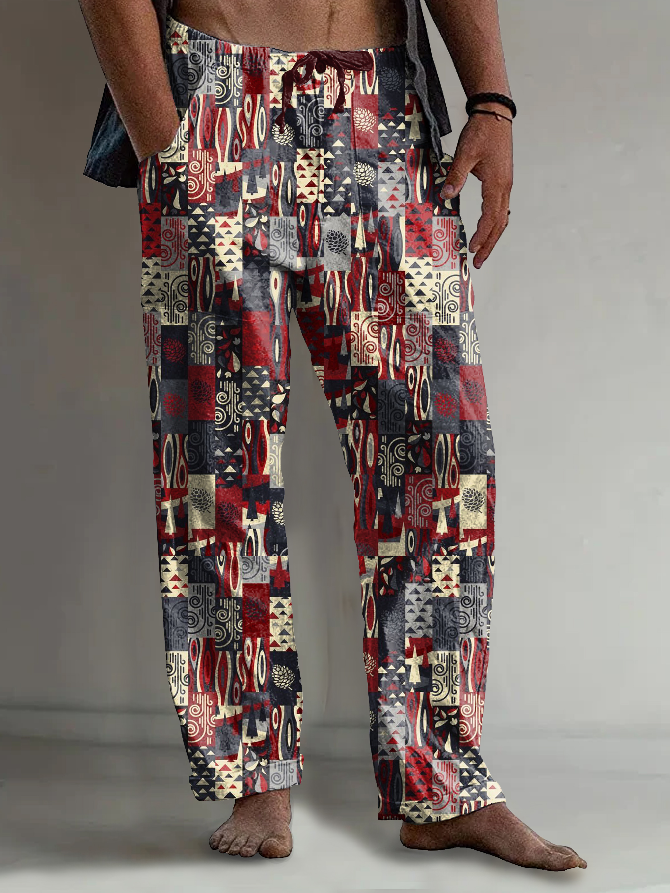 Men's Vintage Ethnic Colorful Plaid  Art Print Comfy 100% Cotton Pants