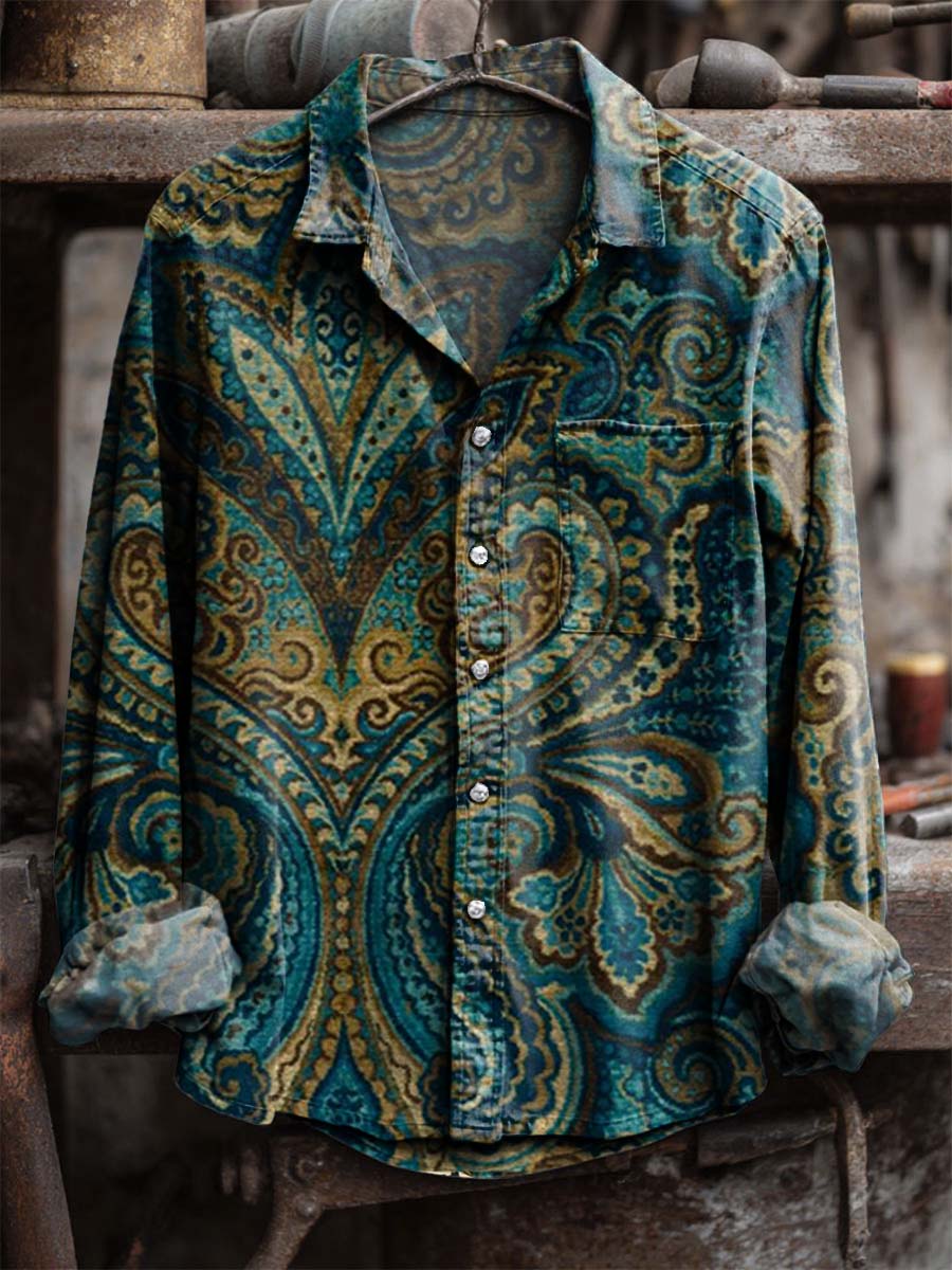 Vintage Blue Paisley Art Print 100% Cotton Long Sleeve Shirt