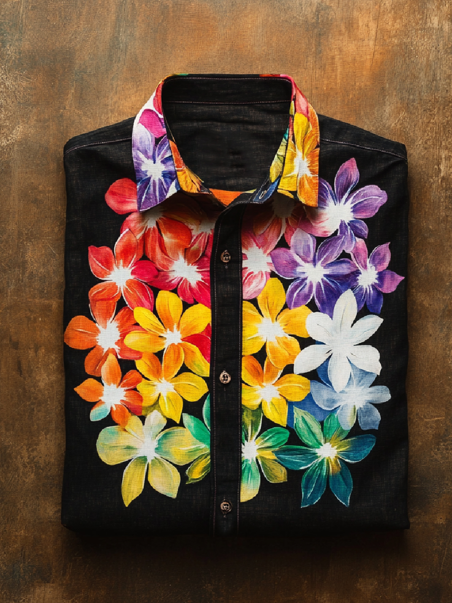 Rainbow Floral Art Print Casual Short Sleeve Button-Down Shirt