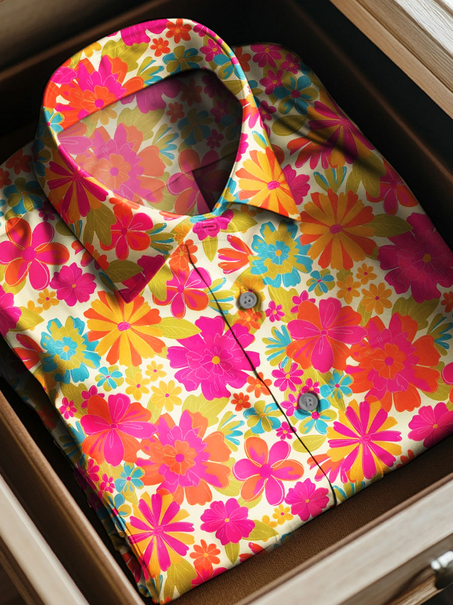 Vintage Ethnic Flower Print Casual 100% Cotton Short Sleeves Shirt