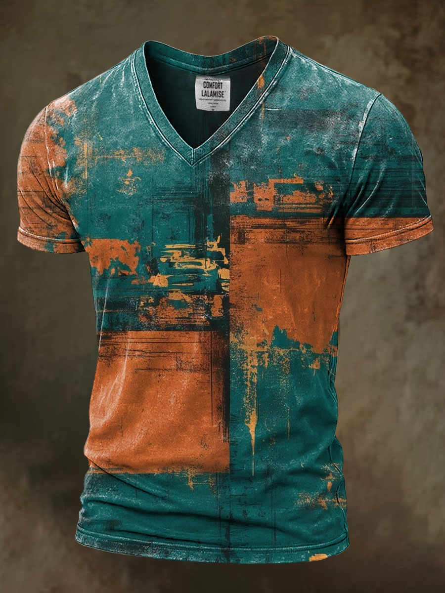 Retro Abstrct Art Print Casaul Short Sleeve V-neck T-shirt