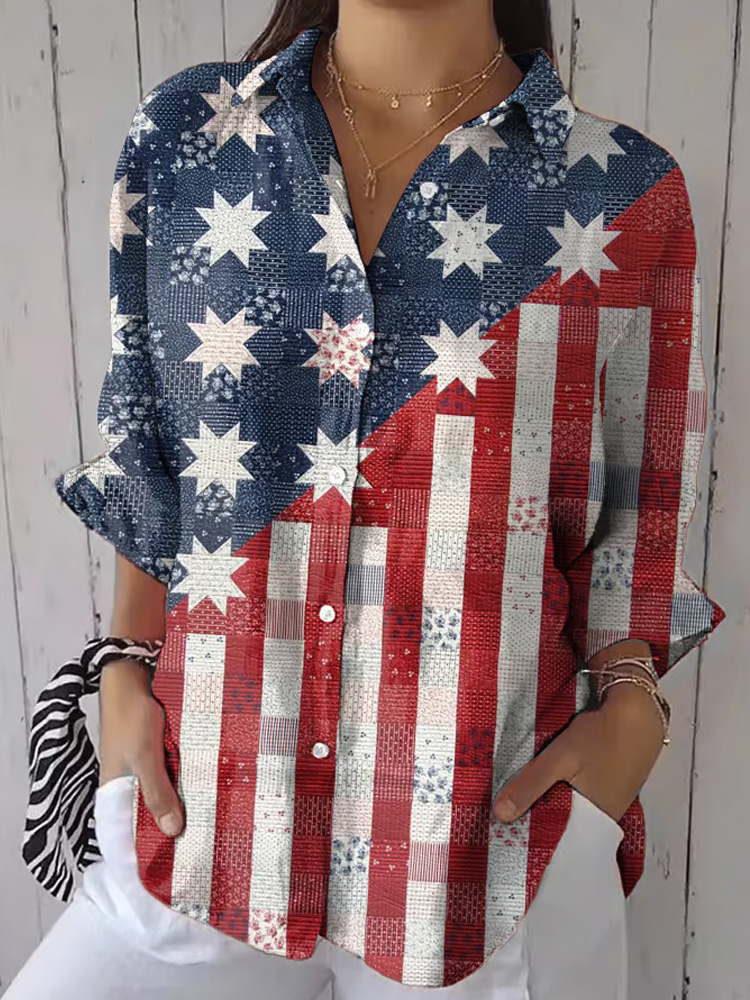 Women's Independence Day Vintage Flag Print Casual Shirt