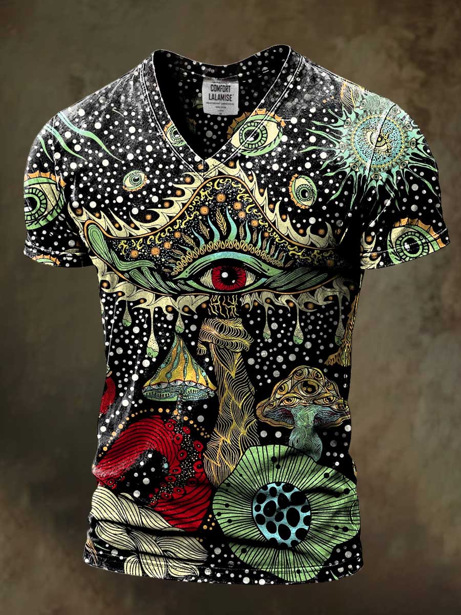 Boho Mushroom Art Print Casaul Short Sleeve V-neck T-shirt