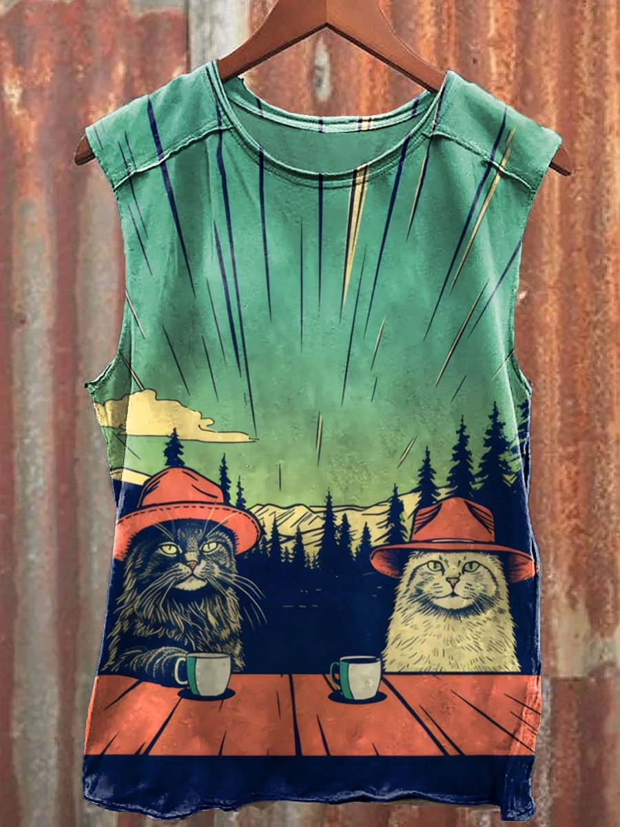 Vintage Cats Chilling In Nature with Coffee Wall Print Casual Tank Top