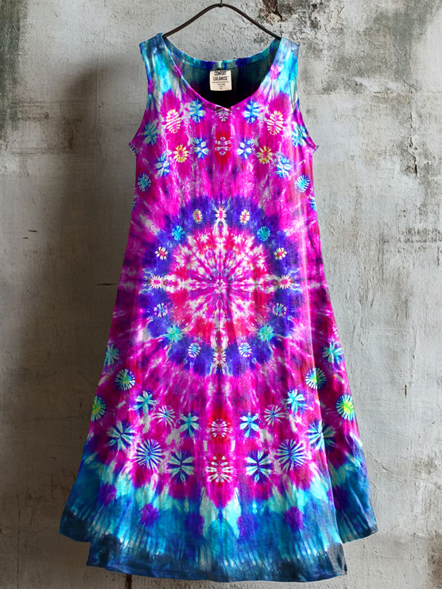 Women's Mandala tie-dye Art Print V-neck Pocket Cotton Dress