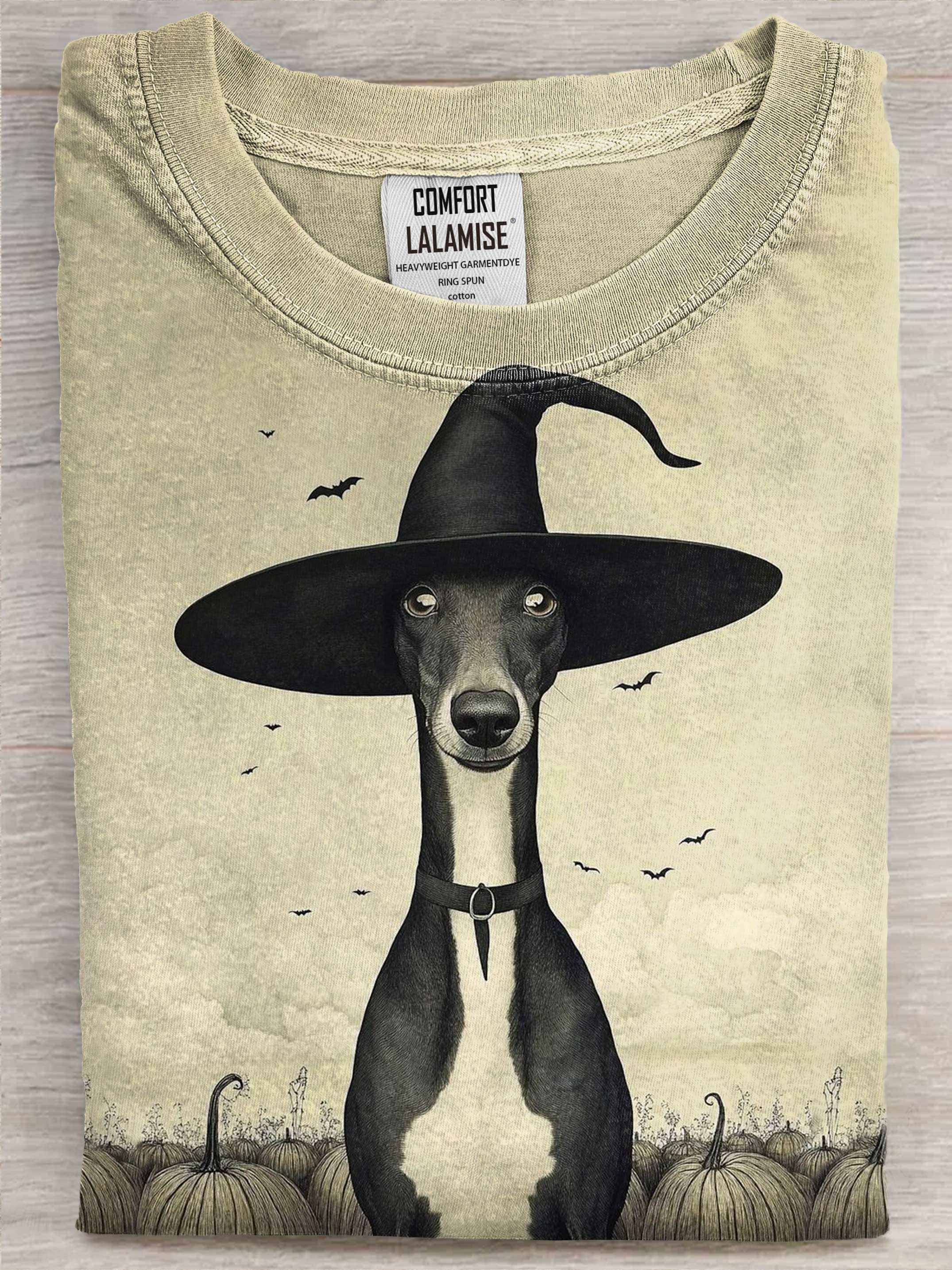 Greyhund Witch Dog Art Print Casual Cotton Short Sleeve T-shirt