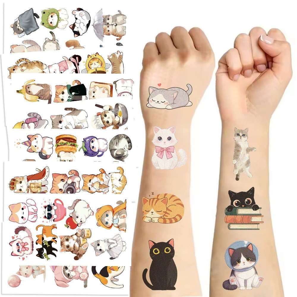 Cartoon Cute Watercolor Cat Tattoo Stickers