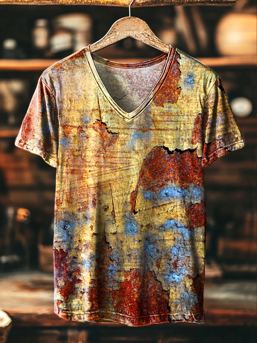 Unisex Vintage Aged Mottled Art Print Casual V-Neck T-Shirt