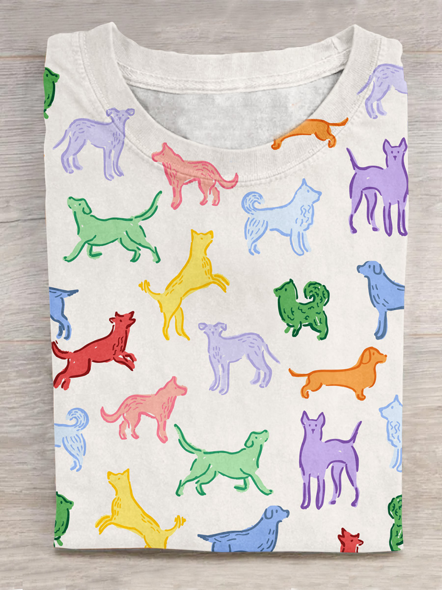 Rainbow Dog Art Print Casual Short Sleeve T-Shirt