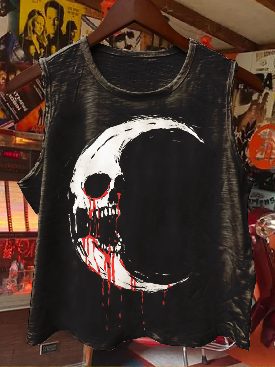 Vintage Moon Print 100% Cotton Casual Tank Top