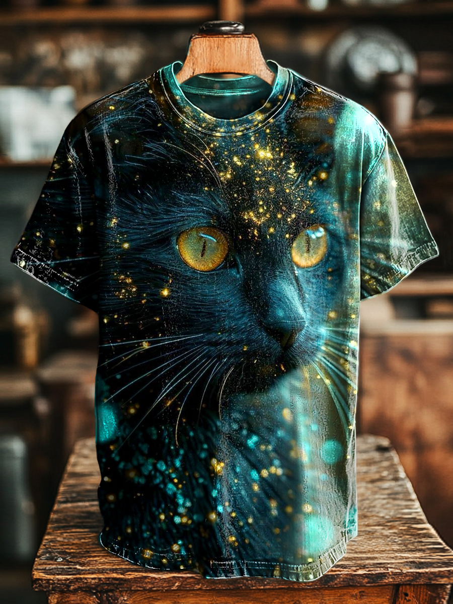 Unisex Vintage Black Cat Gold Foil Print Casual Short Sleeve T-Shirt