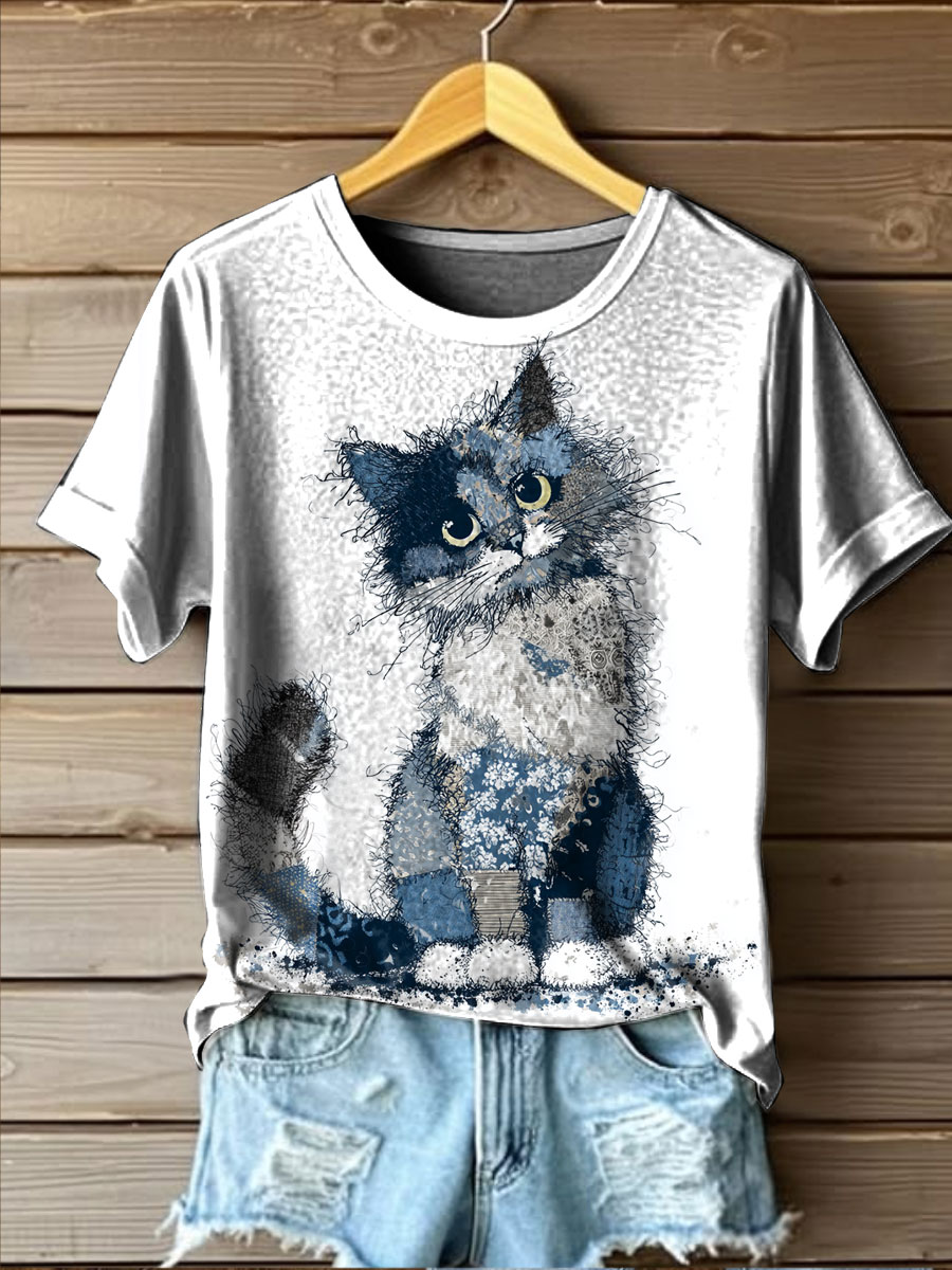 Cute Cat Art Print Casual T-shirt