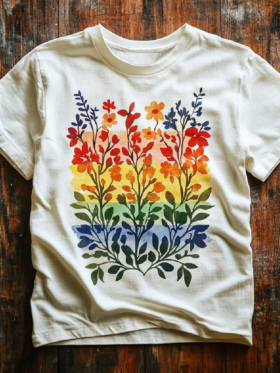 Rainbow Floral Art Print Casual Crew Neck T-Shirt