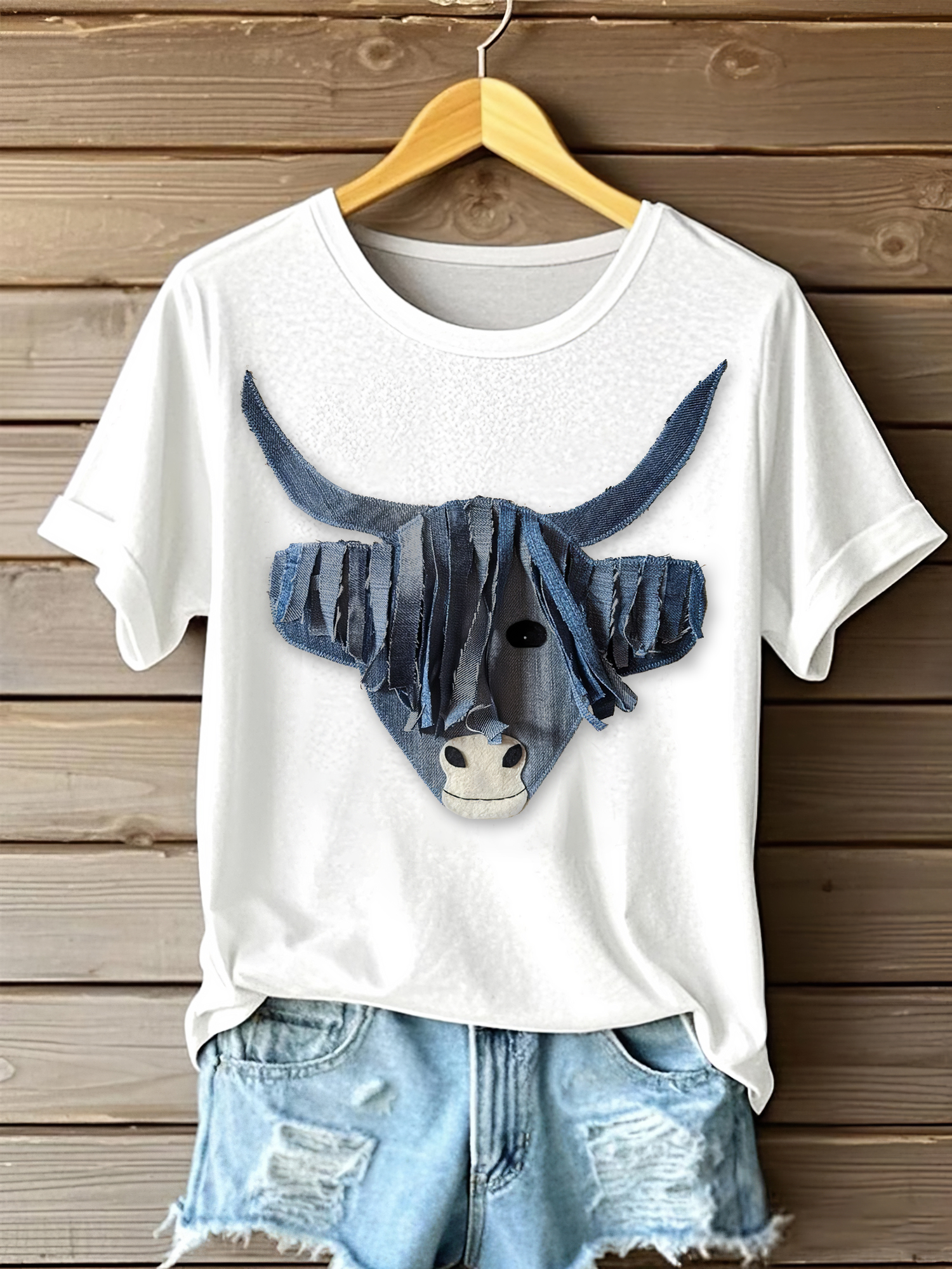 Women's Denim Highland Cow Portrait Art Print Short Sleeve Casual T-shirt