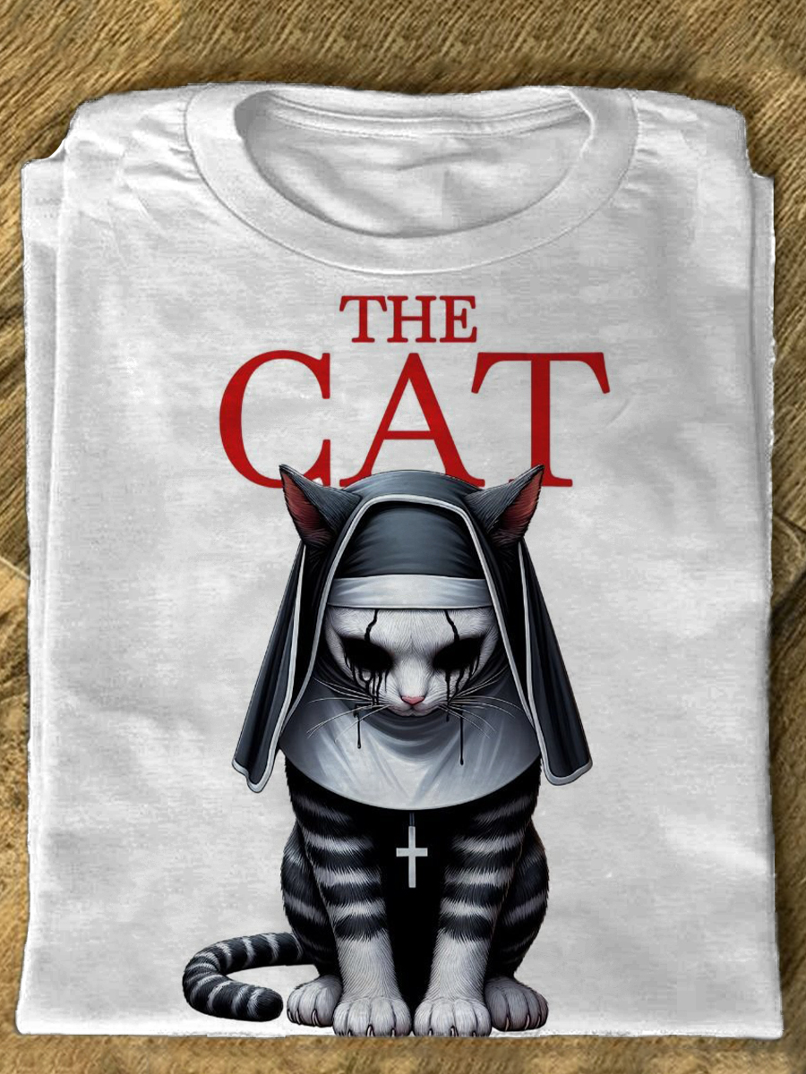 Fun Halloween Nun Cat Print T-shirt