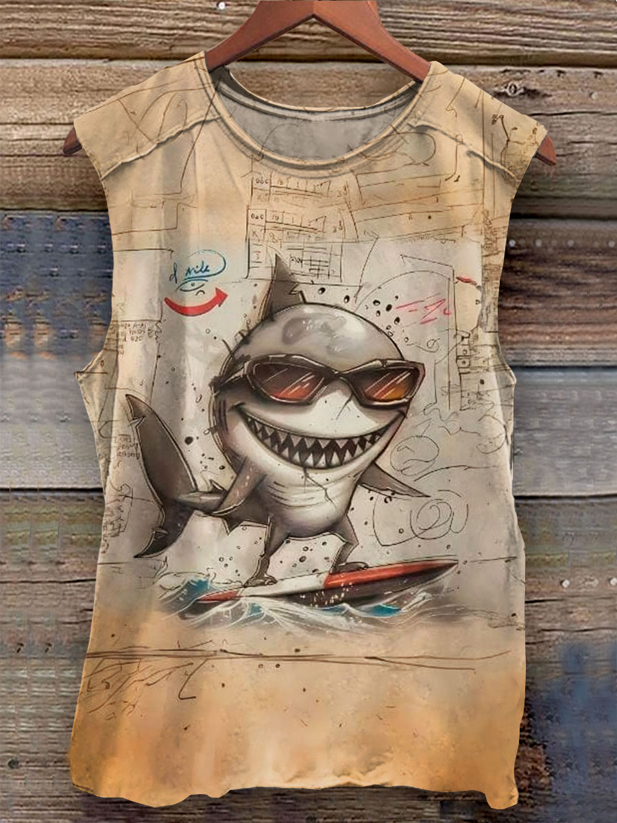 Retro Shark Art Print 100% Cotton Casual Tank Top