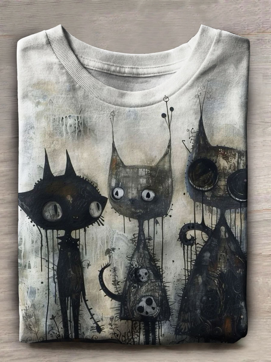 Cat Print Casual Short Sleeve Top