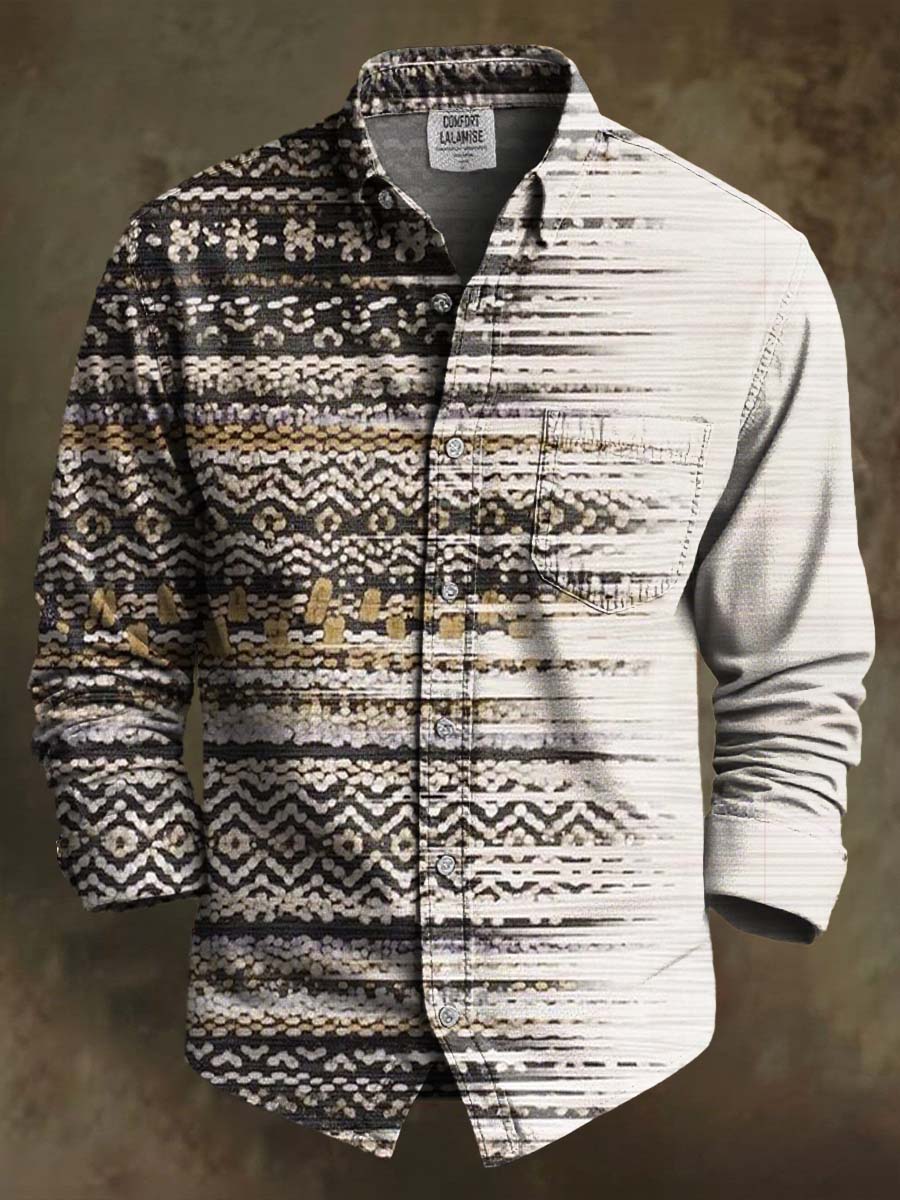 Vintage Ethnic Stripes Gradient Print 100% Cotton Long Sleeve Shirt