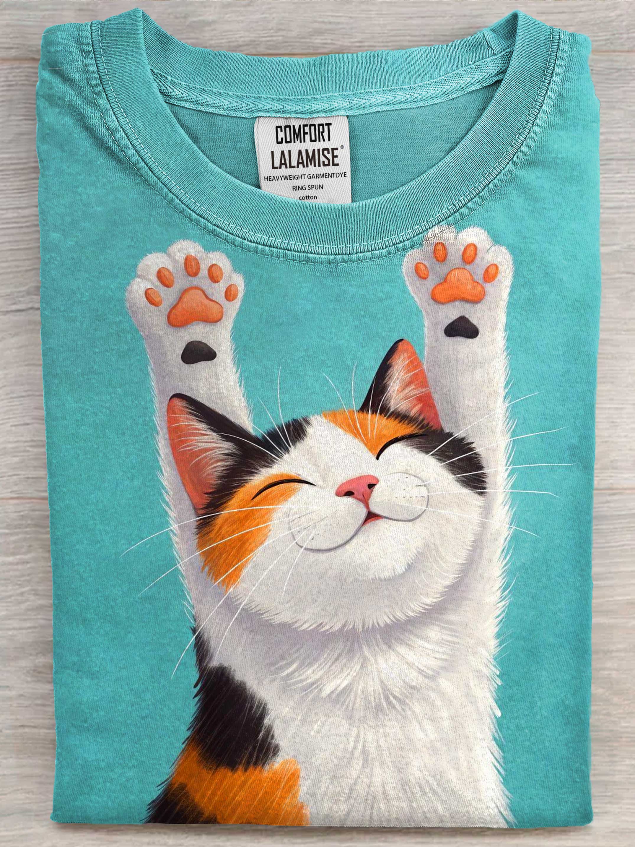 Cute Stretching cat Art Print Casual Short Sleeve T-shirt