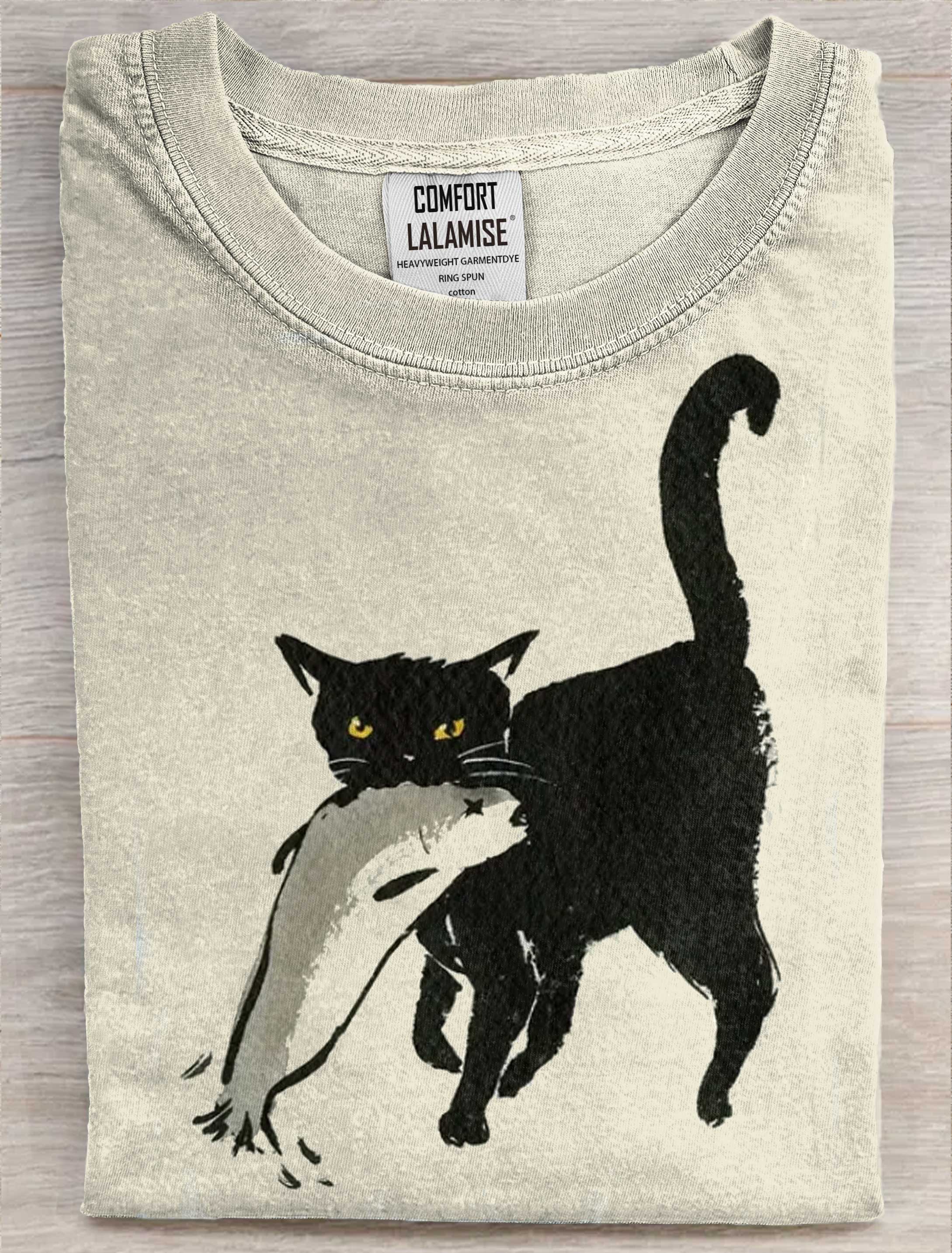 Cat Bite Fish Art Print Casaul Short Sleeve T-shirt