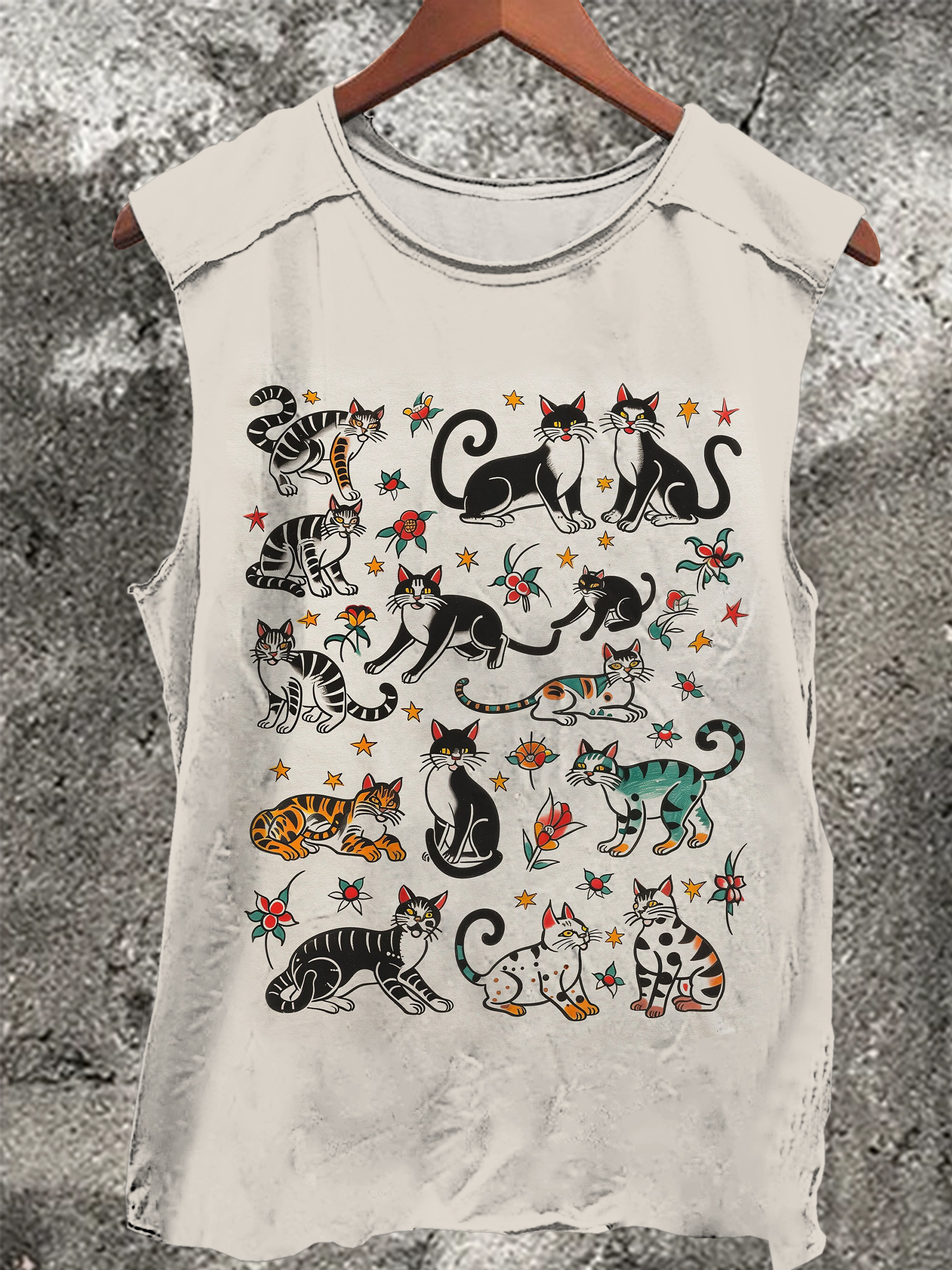 Vintage Cat Art Print 100% Cotton Casual Tank Top