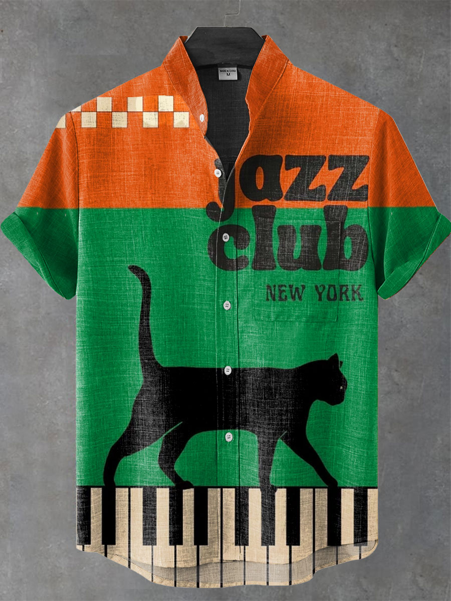 Vintage Jazz Club Music Print Casual 100% Cotton Shirt