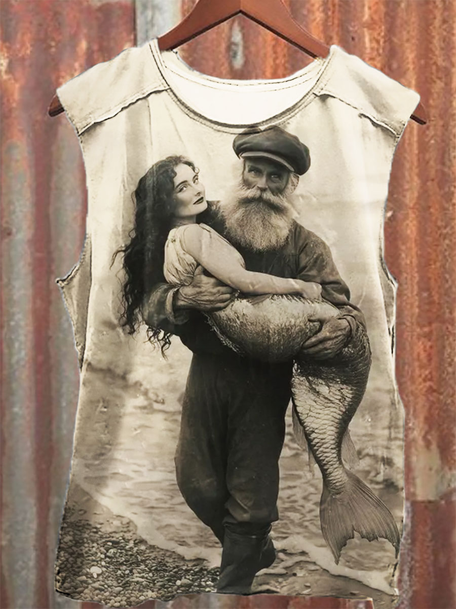 Vintage Mermaid Print 100% Cotton Casual Tank Top