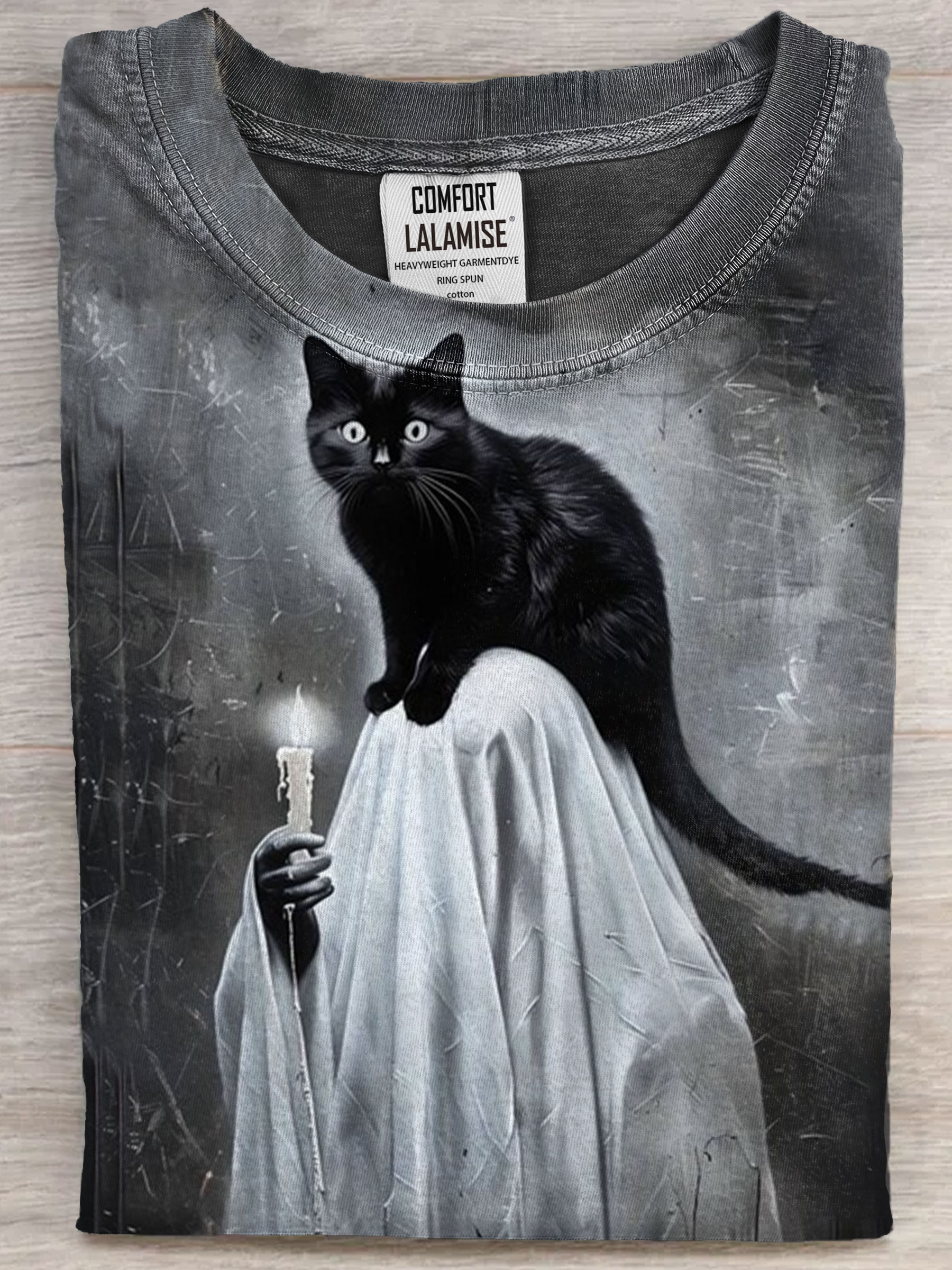 Funny Cat With Ghost Art Print Casual Short Sleeve T-shirt