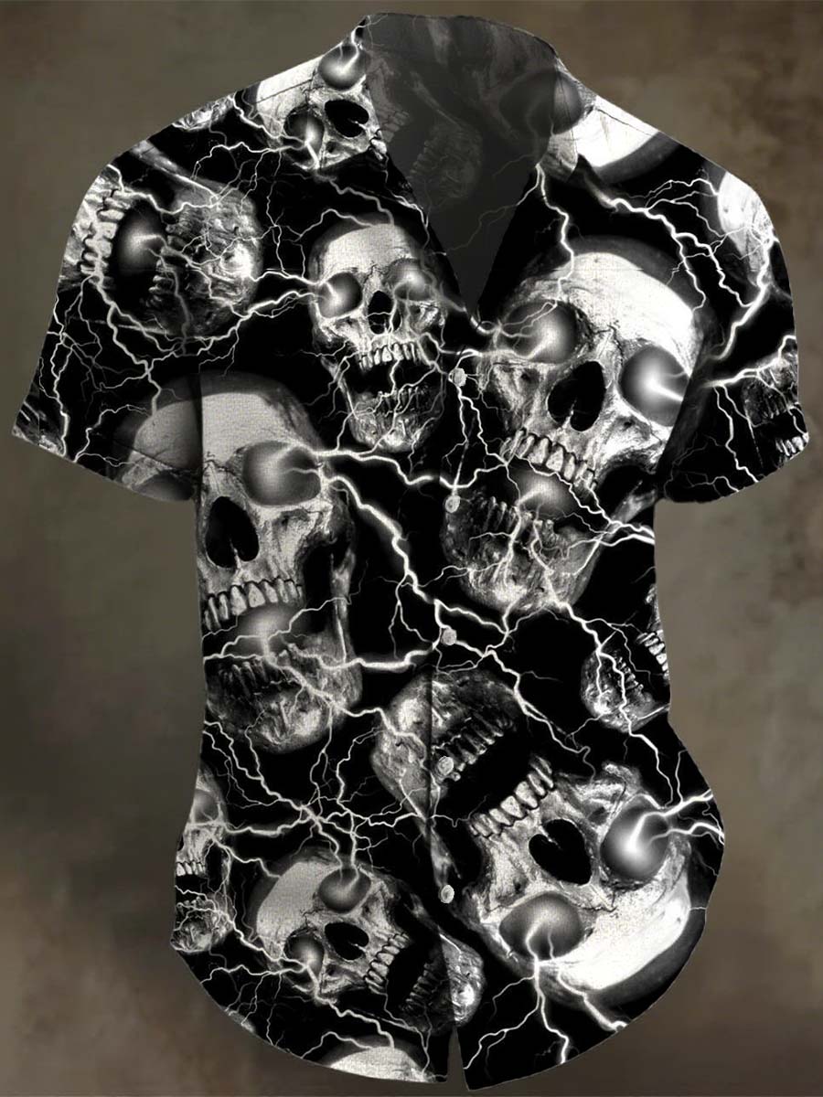 Skeleton Scream Lightning Print Casual 100% Cotton Shirt