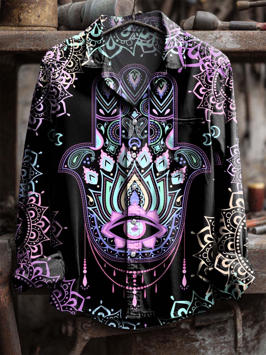 Hamsa Hand Jewish Hebrew Art Print 100% Cotton Long Sleeve Shirt