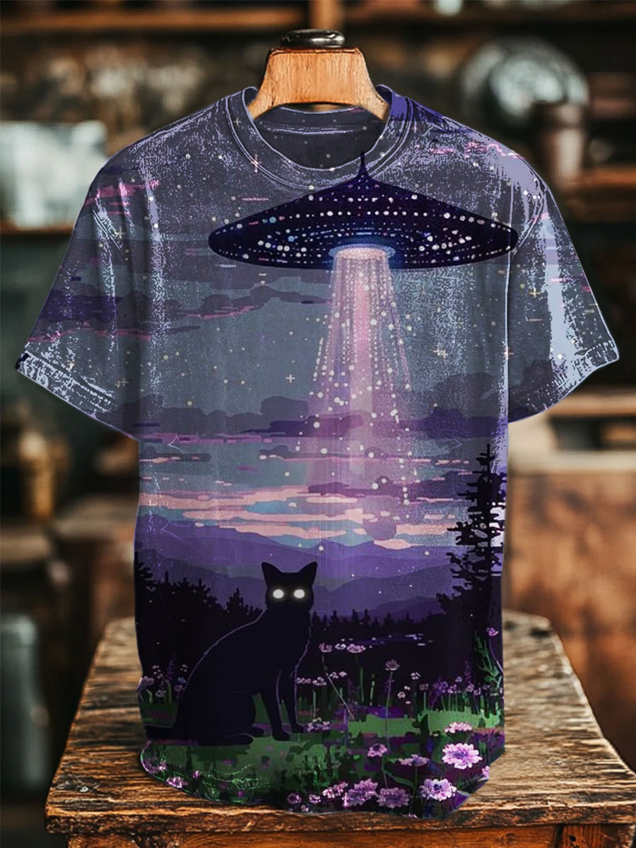 UFO Cat Print Casual T-shirt