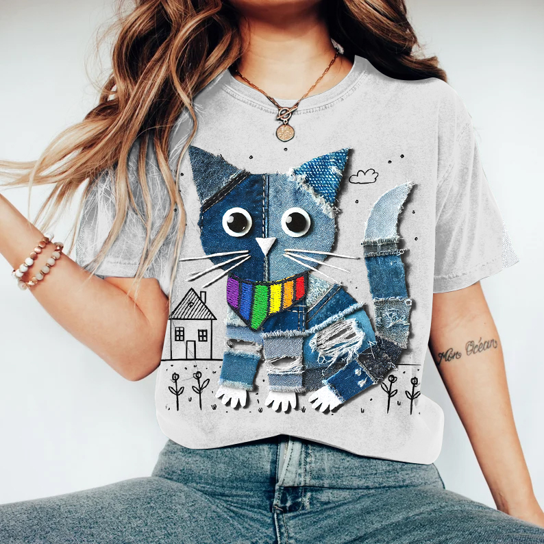 Women's Pride Denim Cat Art Print Short Sleeve T-shirt