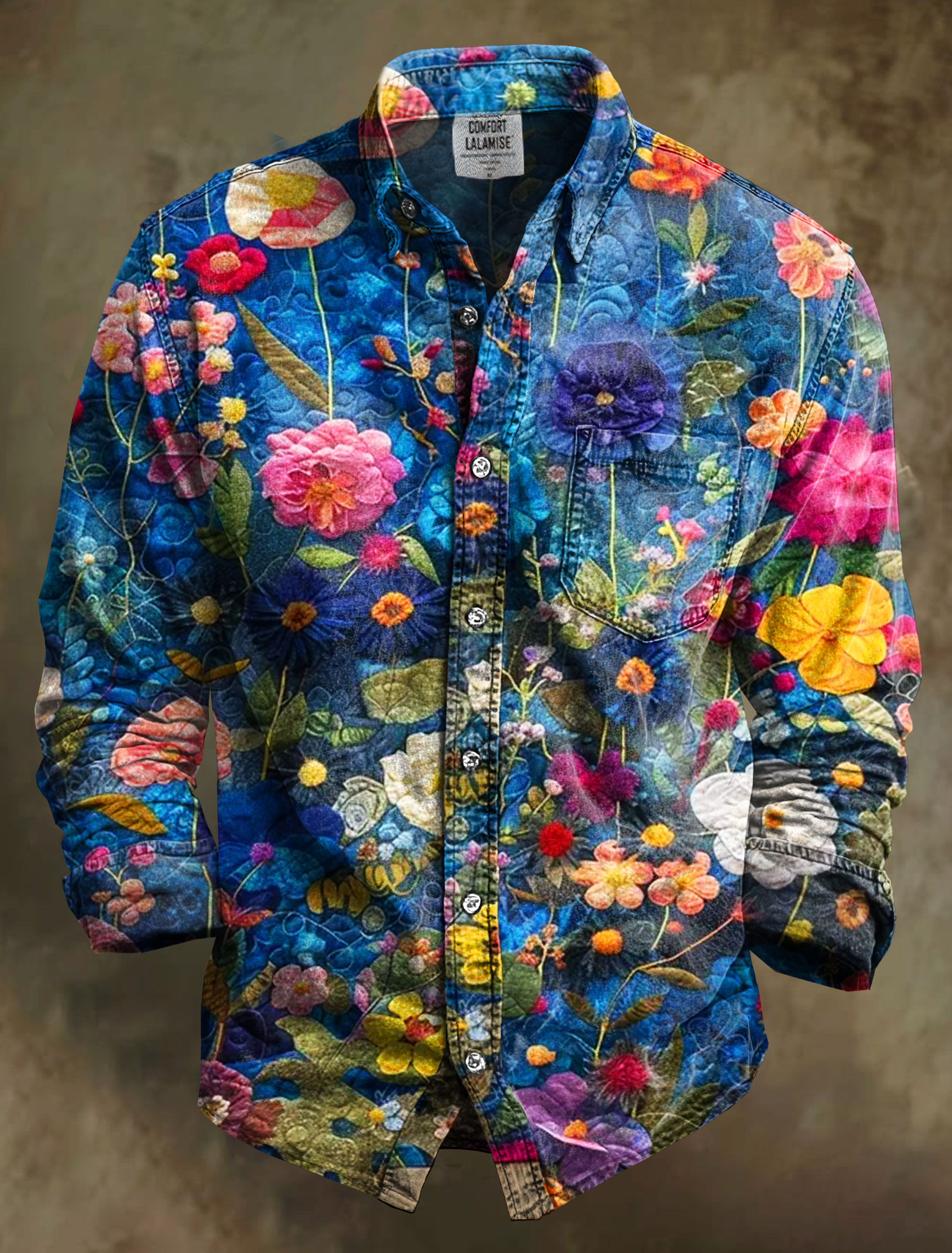 Vintage Flower Art Print 100% Cotton Long Sleeve Shirt