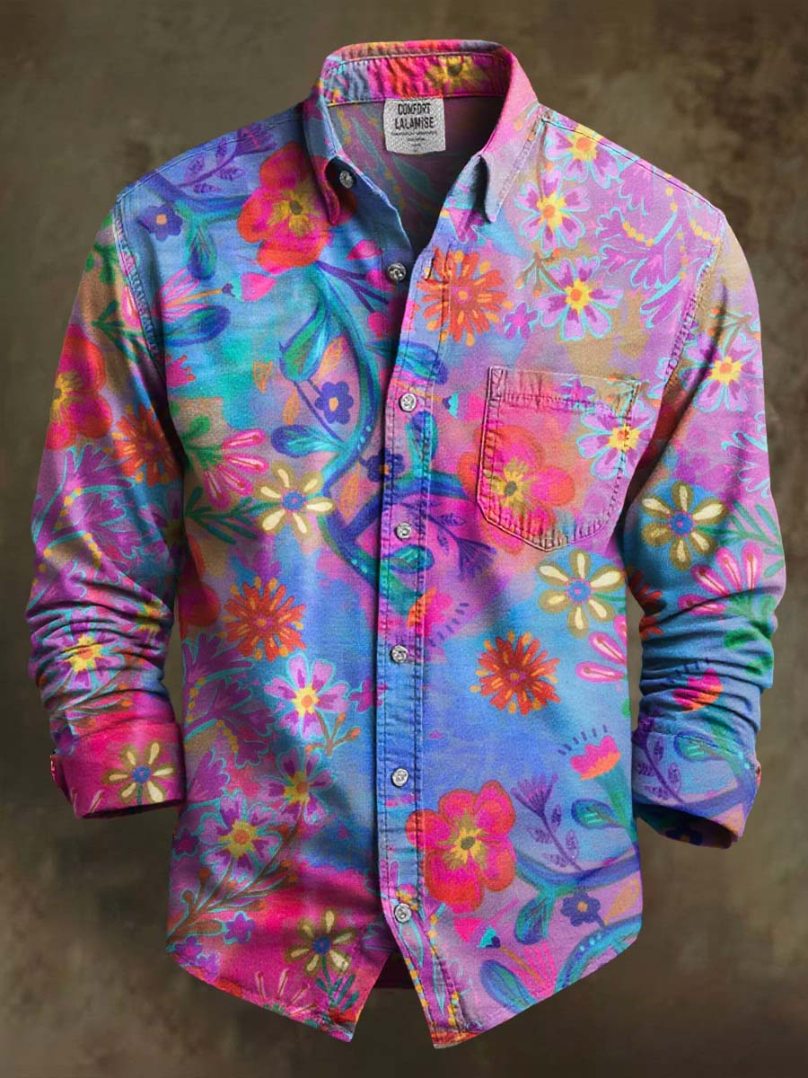 Retro Gradient Floral Hippie Art Print 100% Cotton Long Sleeve Shirt