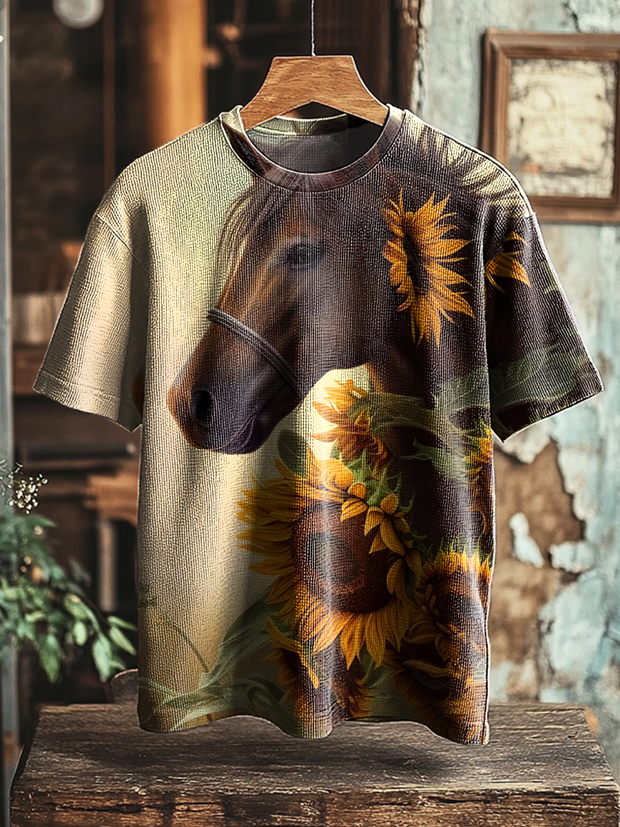 Vintage Sunflower Horse Print Casual Loose Waffle T-Shirt