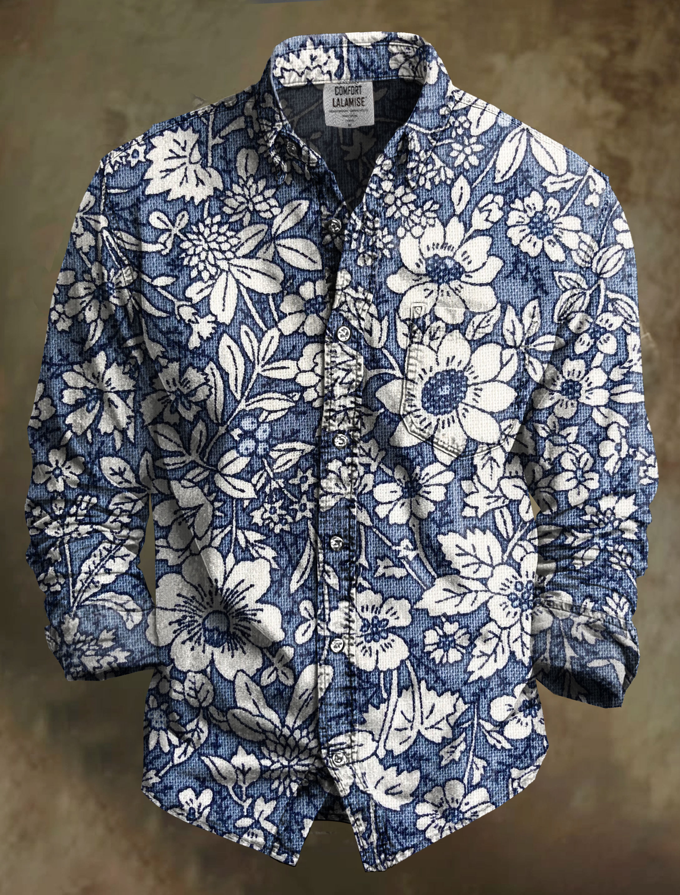 Vintage styled flower garden sketch blue floral  Art Print 100% Cotton Long Sleeve Shirt