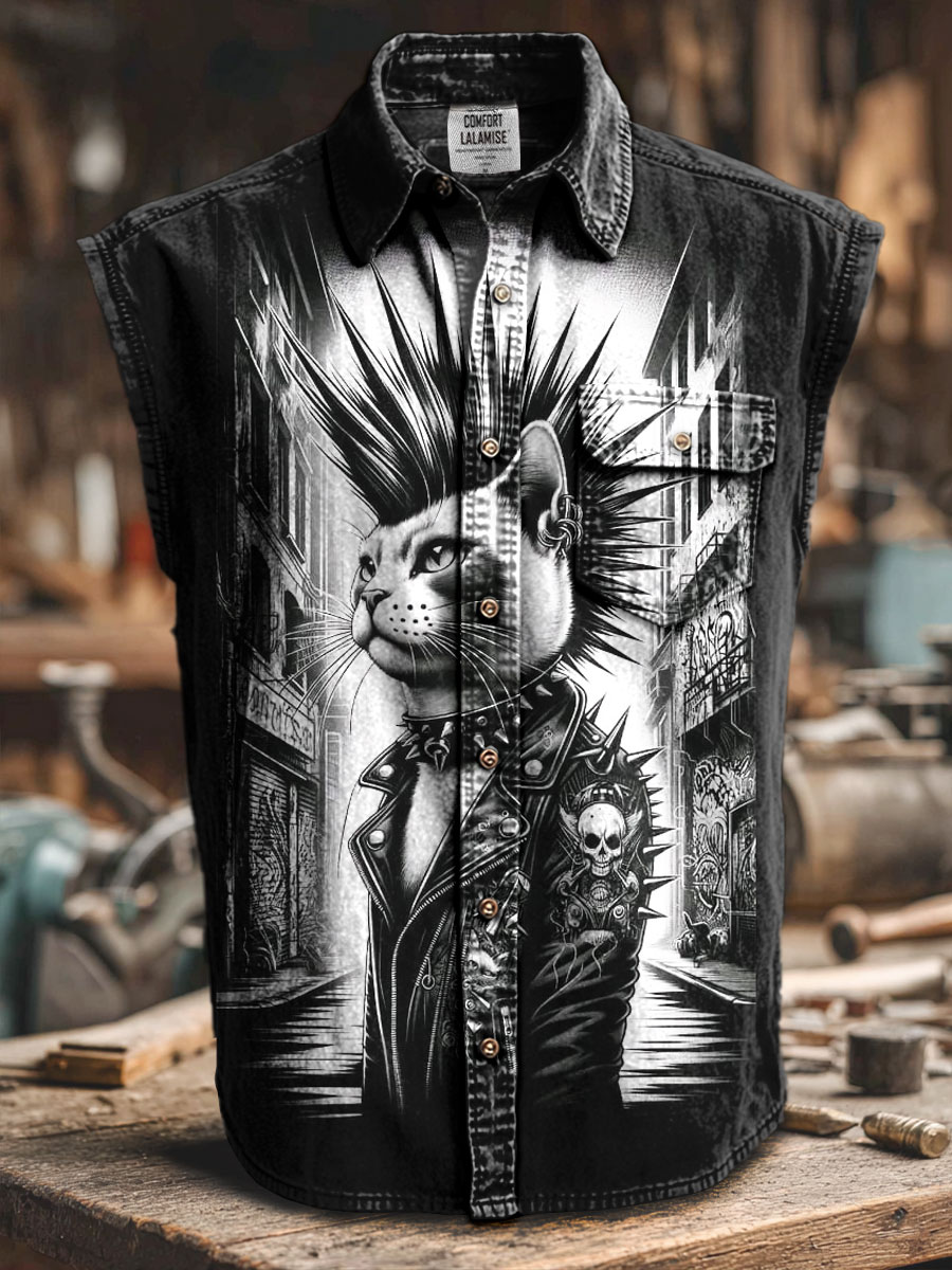 Fuck Cat Art Print Casual 100% Cotton Sleeveless Lapel Shirt