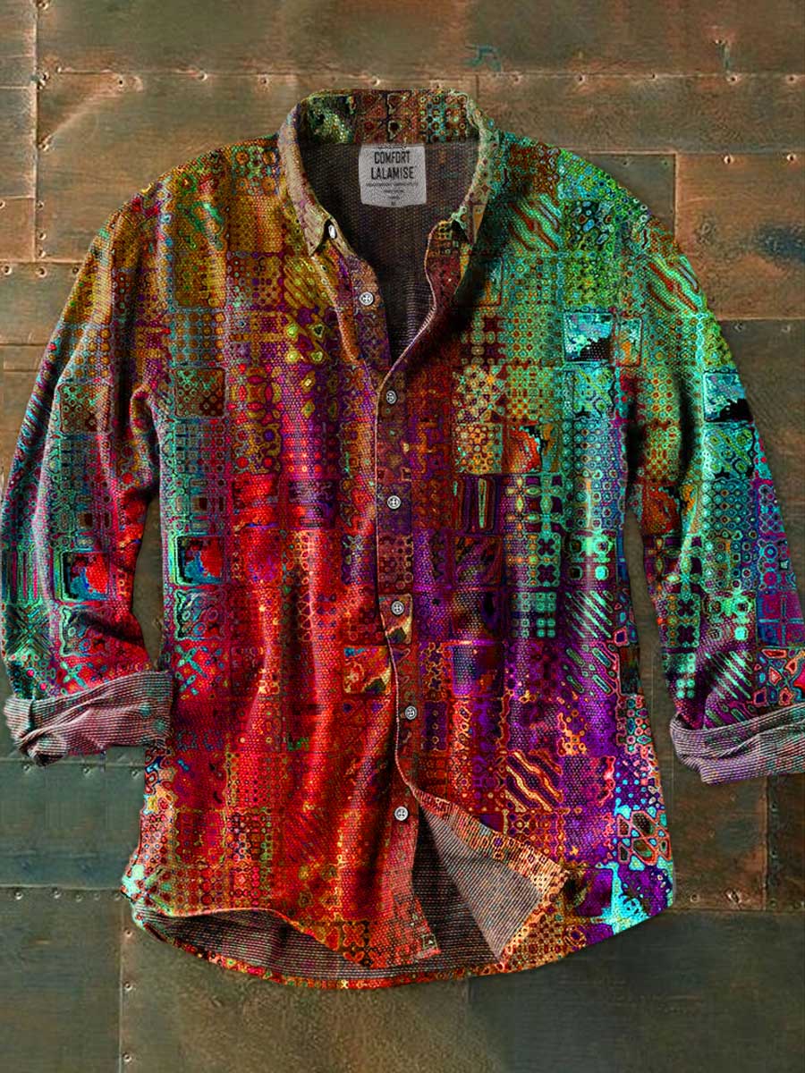 Vintage Abstrct Art Print 100% Cotton Long Sleeve Shirt