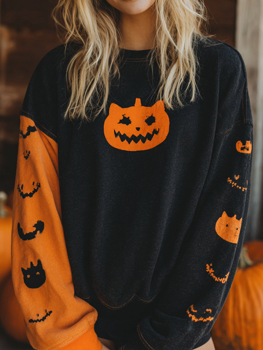 Vintage Halloween Pumpkin Cat Print Art Sweatshirt