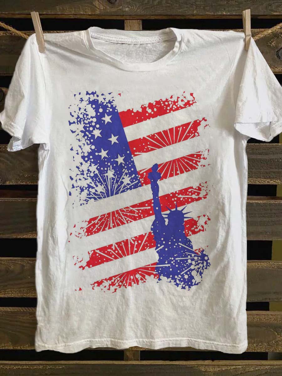 Independence Day Statue of Liberty Print Casual Short Sleeve T-Shirt
