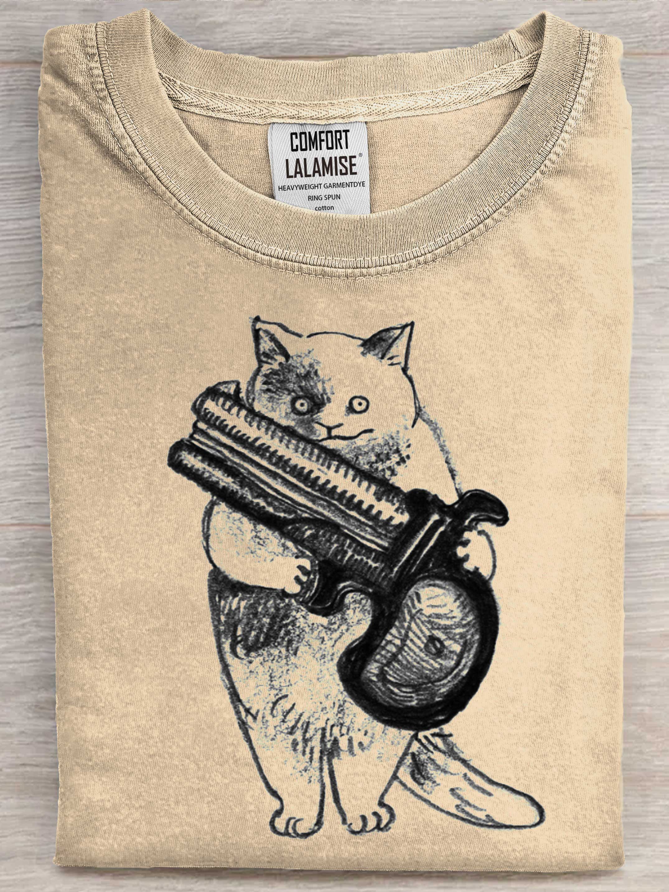 Funny Cat With Gun Art Print Cotton Casaul Short Sleeve T-shirt