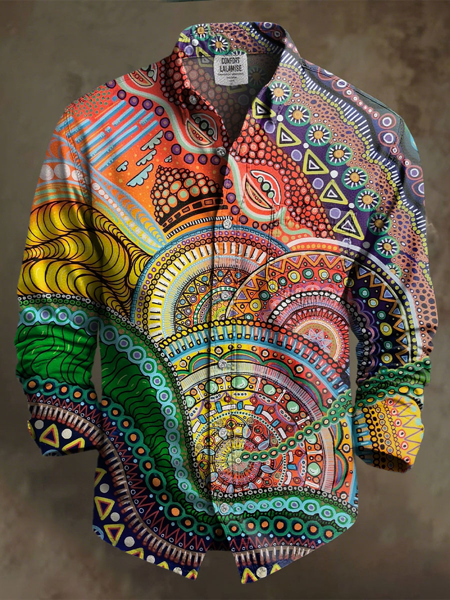 Vintage Multicolor Nationality Art Print 100% Cotton Long Sleeve Shirt