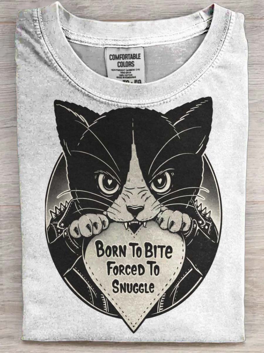Born To Be Bitten Cat Printed Casual Short Sleeve T-Shirt