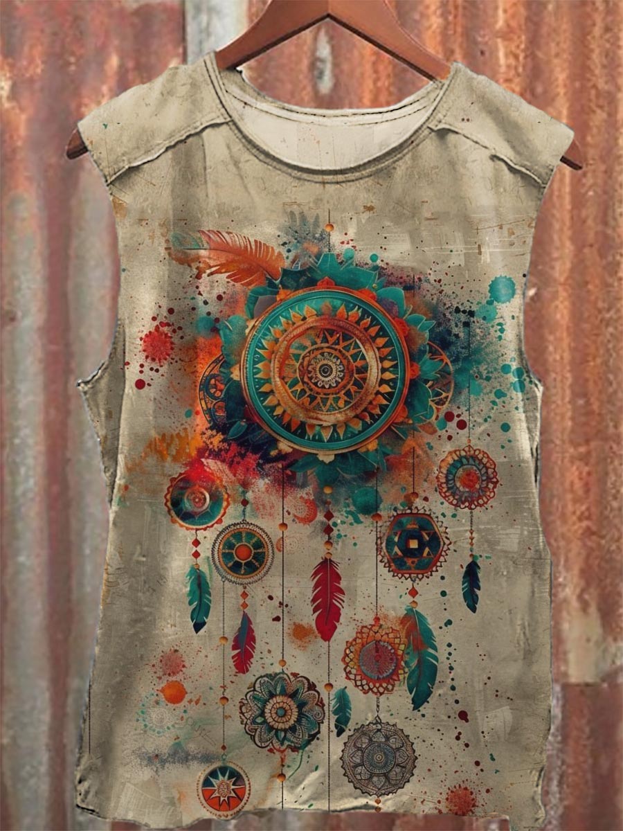 Vintage Print 100% Cotton Casual Tank Top